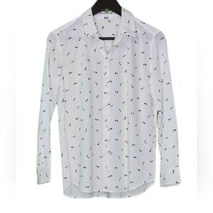 Uniqlo Women's Long Sleeve Rayon Blouse w/ Black Pattern on White Fabric, Small